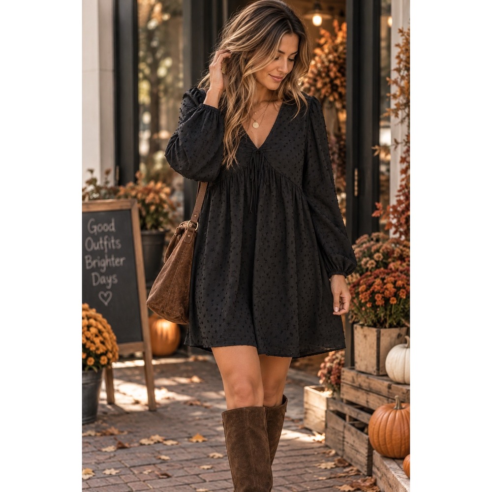 Old Navy LS Plunge Ball Swiss Dot Mini Dress Black Jack V-Neck Long Sleeve L
